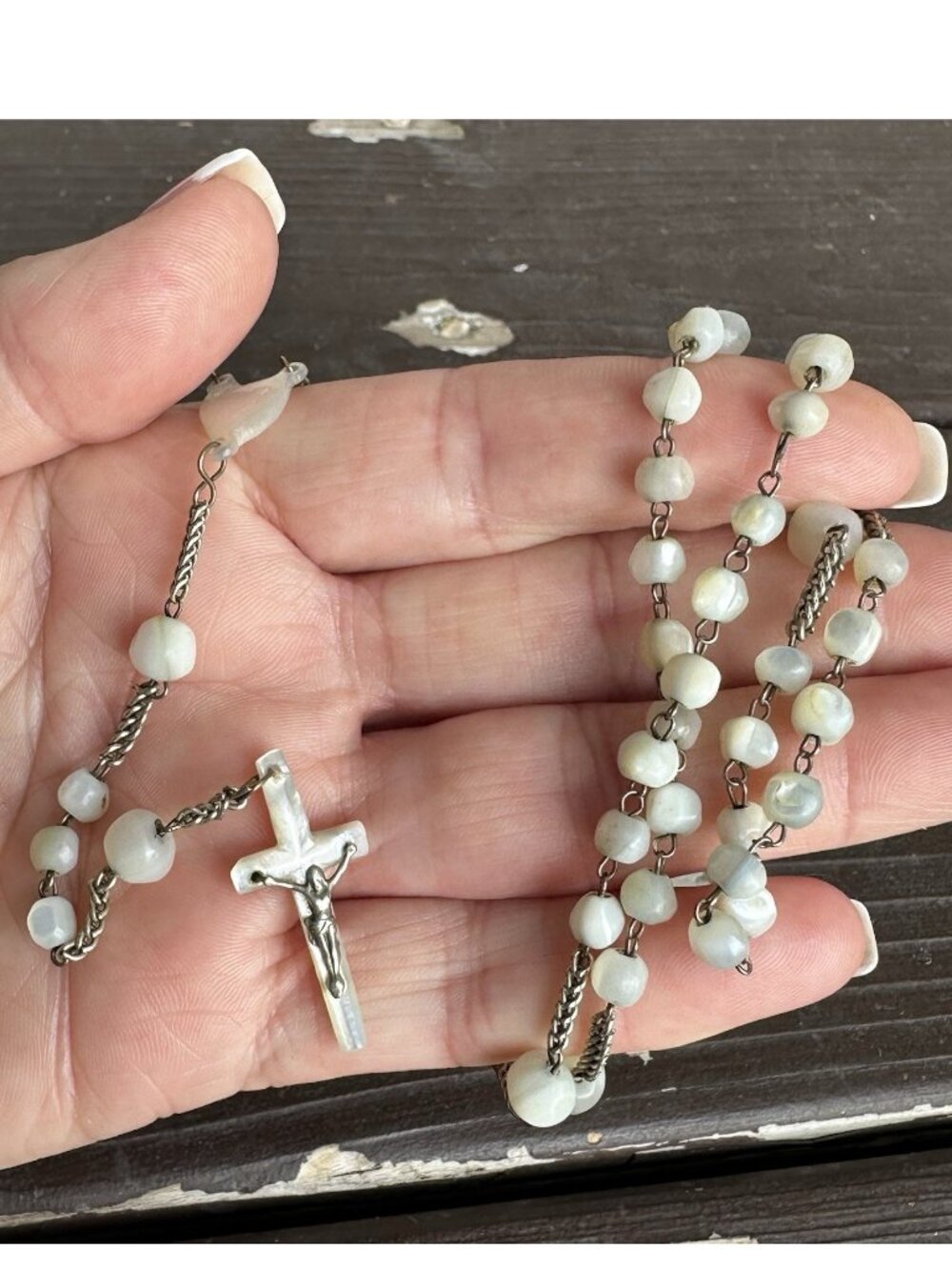 1800's French Mother of Pearl Sterling Silver Rosary Hand Carved Nacre Beads